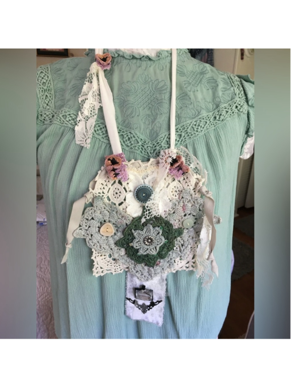 Upcycled Mixed Media Crochet Lace Boho Bib Statement Necklace